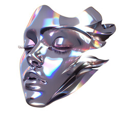 Futuristic chrome woman face isolated. Shiny gloss metal human head sculpture. Y2K holographic metal mask for music poster