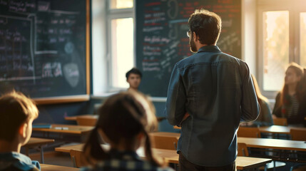 Adult man professor stand in the classroom and teach a lesson