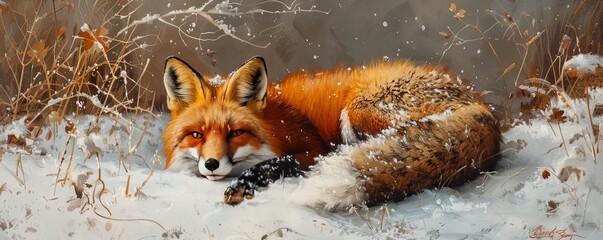 red fox with fluffy fur on snow ground