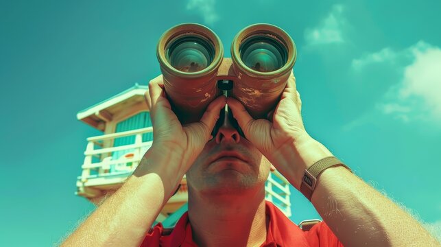 Man with binoculars observing the horizon, lifeguard tower in the background, clear sky. Concept of vision, observation, and safety.
