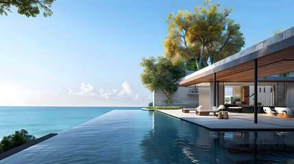 Fototapeta premium stunning 3D rendering of a modern house exterior with a backdrop of a serene sea and a clear blue sky