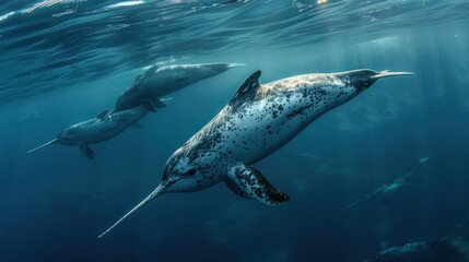 A narwhal swimming with its pod.