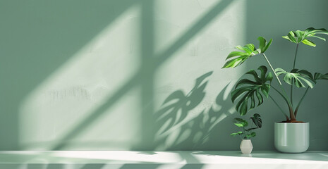 Monstera leaves on a light minimalistic green background