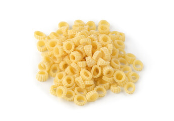 Isolated anelletti pasta. The small, ring-shaped macaroni is dis