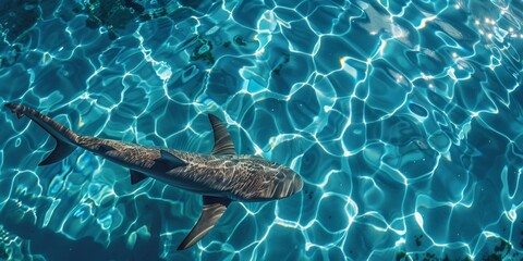 Aerial view of spinner shark swimming in clear blue waters