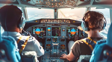 Two pilots in a modern airplane cockpit, focused on controls and instruments, preparing for flight during sunrise.