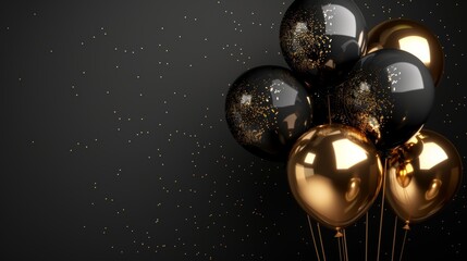 Elegant black and gold balloons on a dark background with sparkles, perfect for festive celebrations and sophisticated events.