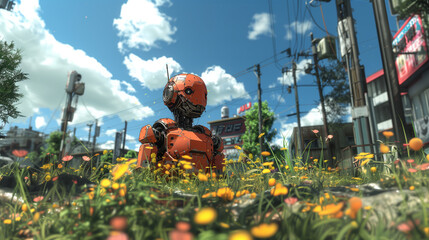Robot Fermier Solarpunk Rouge : Assis dans les Herbes