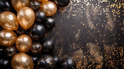 Naklejka premium Elegant black and gold balloons on a glittery, festive background, perfect for celebrations, parties, and special events.