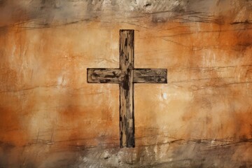 A simple, rustic cross against a textured, weathered background, symbolizing timeless faith and spirituality with a blend of earthy tones
