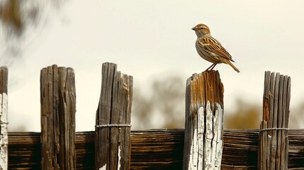  A tiny bird sat atop a wooden fence post, framing a white wall and a tree in the backdrop - Powered by Adobe