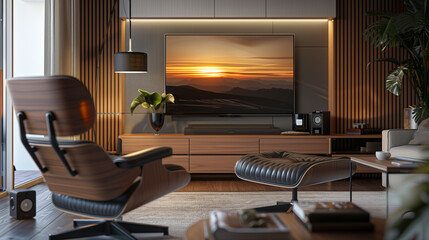 Modern minimalist tech lounge, sleek built-in media unit with hidden wires, comfortable swivel chair with ergonomic design, minimalist coffee table with a wireless charging pad