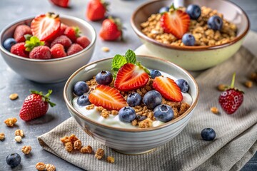 A bowl with homemade yogurt, muesli, berries and nuts. Healthy and delicious breakfast. Good...
