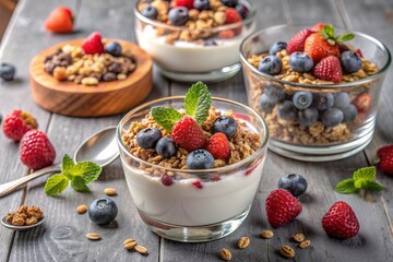 A bowl with homemade yogurt, muesli, berries and nuts. Healthy and delicious breakfast. Good morning to the day.