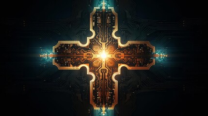 A glowing cross integrated into a digital brain circuit, symbolizing the intersection of technology and spirituality, set against a black background