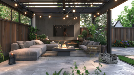 Modern outdoor TV lounge (covered patio), weatherproof L-shaped velvet sofa in a neutral gray, cozy beanbag chair with a waterproof fabric, sleek coffee table with a fire pit in the center