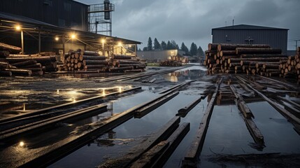 Naklejka premium A sawmill operation site with stacked lumber and wet, reflective puddles on a concrete path, set against an overcast sky, emphasizing the raw industrial environment