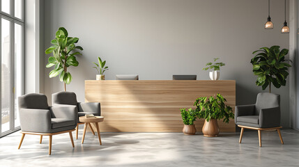 Modern Scandinavian reception, clean aesthetic, light wood desk, comfortable chairs, nature-inspired elements, and soft natural light