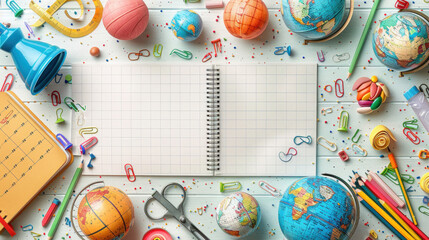Background showcasing school essentials like rulers, notebooks, and globes gracefully suspended, evoking the joy of learning