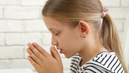 Child Praying Before Eating Breakfast in Kitchen, Kid Preparing Eat Meal, Girl Religious View, Christian Customs, Practices