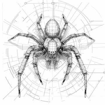 Spider on a web, pencil drawing on a white background