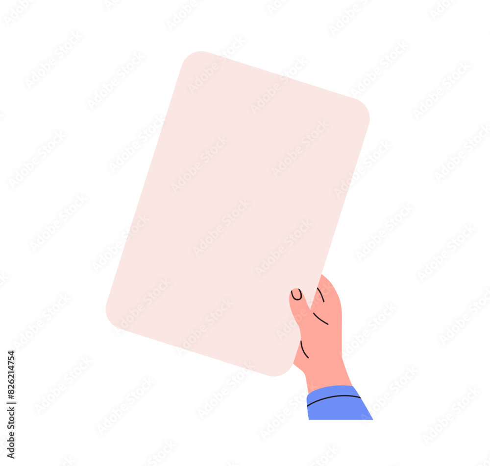 Poster hand holding blank paper card, presenting information, note on sign board. showing clear placard bac