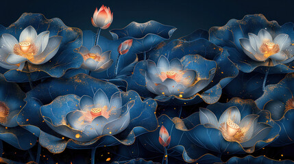 Art background showcasing lotus leaves in a gold line art style, designed for wallpaper, decor, and print applications.