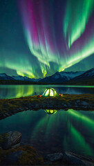 A glowing tent by a calm tranquil lake with the beautiful northern lights dancing in the sky