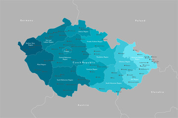 Vector modern illustration. Simplified administrative map of Czech Republic. Border with nearest states Austria, Germany and etc. Blue shapes of regions. Names of cities and regions