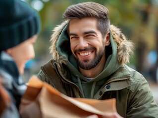 A man with a beard and a green hoodie is smiling at a young boy. The boy is holding a brown paper bag