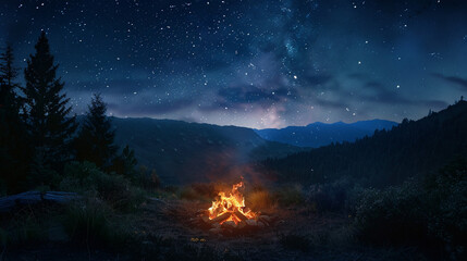 Fototapeta premium Exploring the wilderness in summer. A glowing campfire with mountain background.