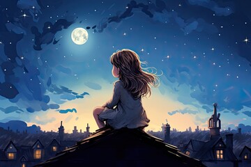 little girl sits on house roof and looking to the moon illustration