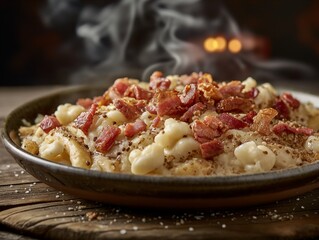 A plate of macaroni and bacon with a lot of cheese on top. The dish looks delicious and appetizing
