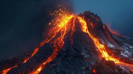 A volcano spewing hot lava and ash into the night sky.