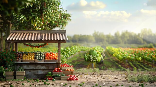 Farm Stand Focus on a farm stand selling fresh produce with a farm background, afternoon light, empty space center for text