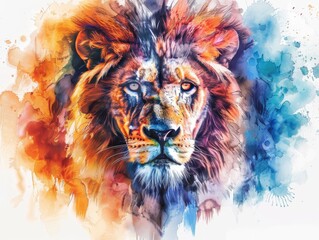 Vibrant watercolor painting of a majestic lion. The colorful abstraction brings the fierce and regal face to life with splashes of vibrant hues.