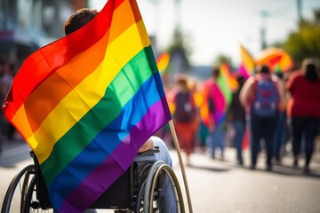A closeup of a wheelchair user with pride flags at a parade, showcasing the inclusive nature of LGBTQ events and the importance of accessibility and representation