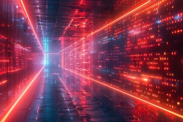 Futuristic Red Data Center Corridor
