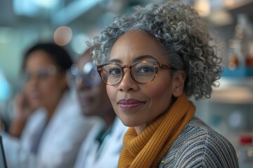 An elegant senior woman with glasses and a warm scarf gives a confident look in a corporate setting