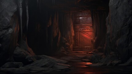 A bright, glowing door in a dimly lit, rocky cave, symbolizing an intriguing passageway to the unknown, with light spilling out into the darkness