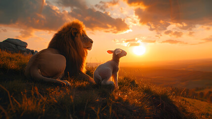 Naklejka premium Lion and lamb Jesus christian son of god king died resurrection easter concept sunrise new day christ holy