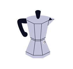 Moka pot, classic metal coffee maker. Stovetop espresso brewing appliance, aluminum kettle. Italian coffeemaker for camping, hiking. Flat graphic vector illustration isolated on white background
