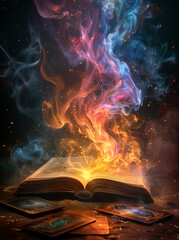 Book of spells and tarot cards on the table on a dark background 