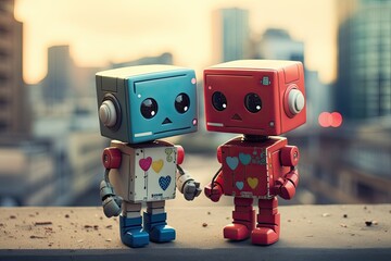 cute little retro robot couple friends illustration