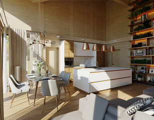 3D visualization of modern interior of kitchen, dining room and living room. Interior of wooden frame house in modern style