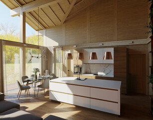 3D visualization of modern interior of kitchen, dining room and living room. Interior of wooden frame house in modern style