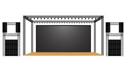 wooden stage and speaker with led screen on the truss system on the white background	