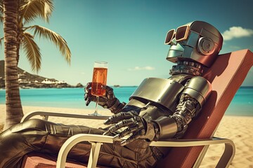 modern robot with drink relax on tropical beach summer vacation illustration