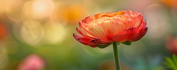 Macro photography closeup of a blooming flower in a garden background, daylight, detailed style, space for text left