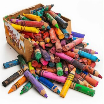 A box of broken crayons on a white background.